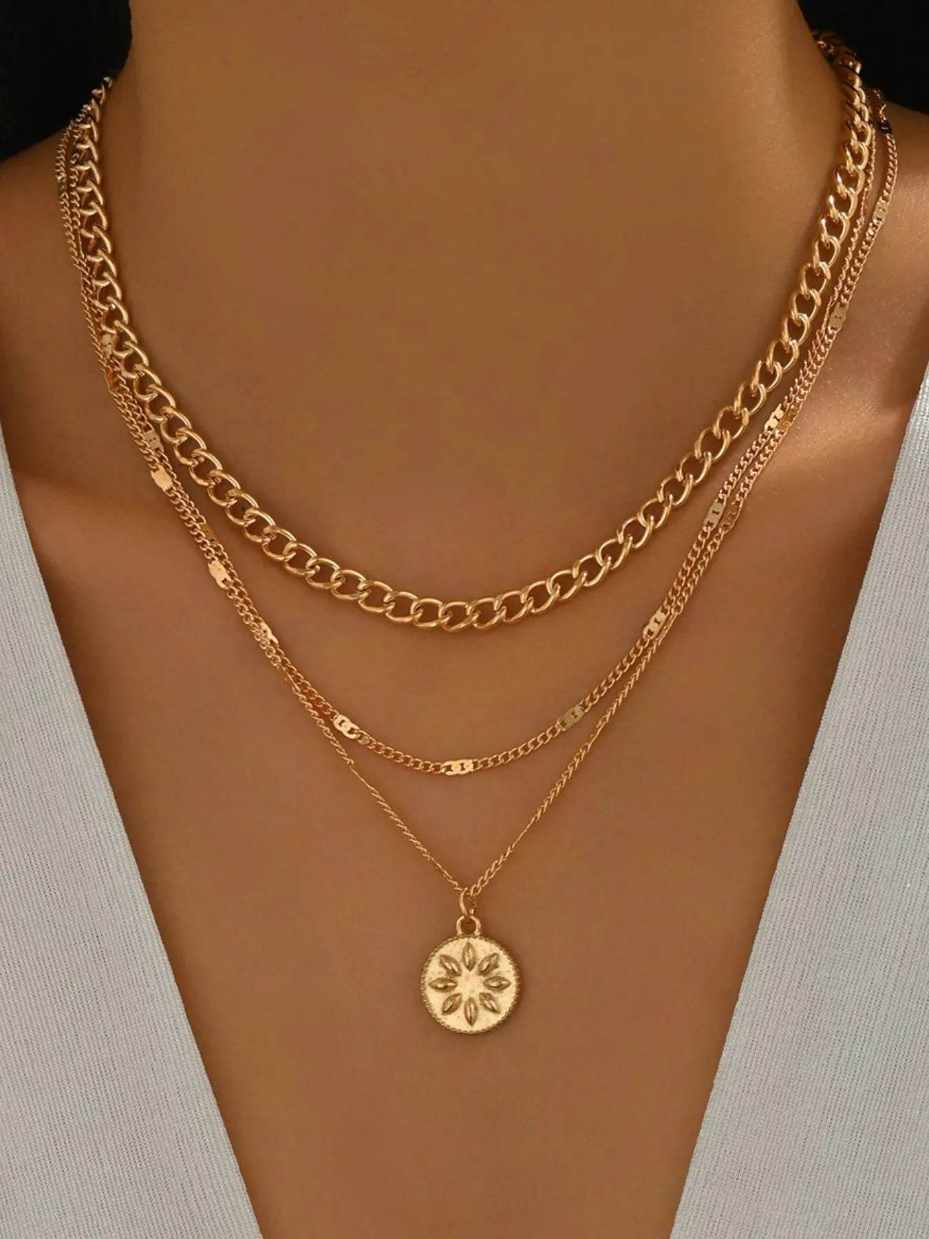 18K Gold-Plated Layered Necklace with Sun Medallion Pendant - ELY VESSA LLC