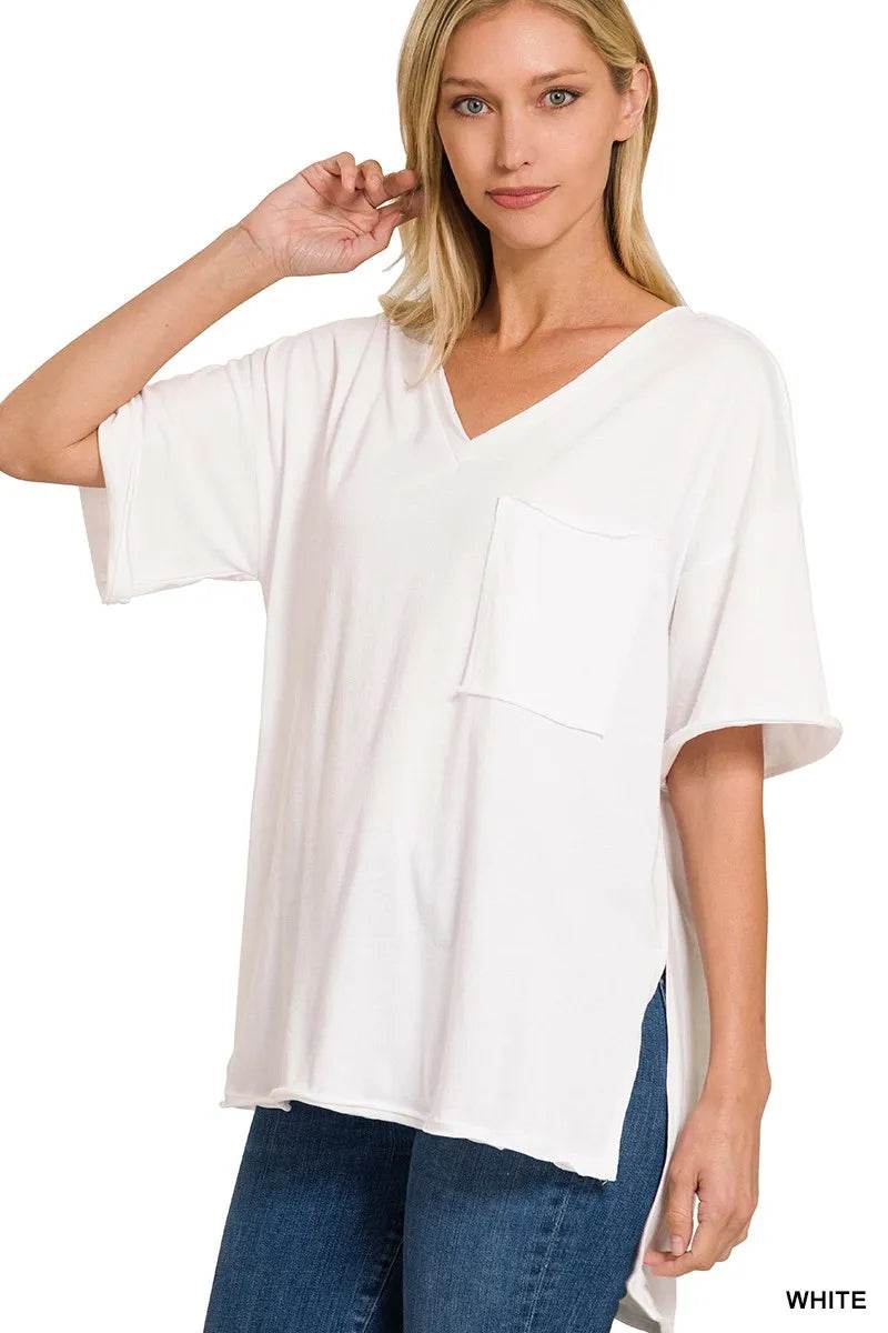 Zenana Front Pocket Raw Edge Boyfriend Tee - ELY VESSA LLC