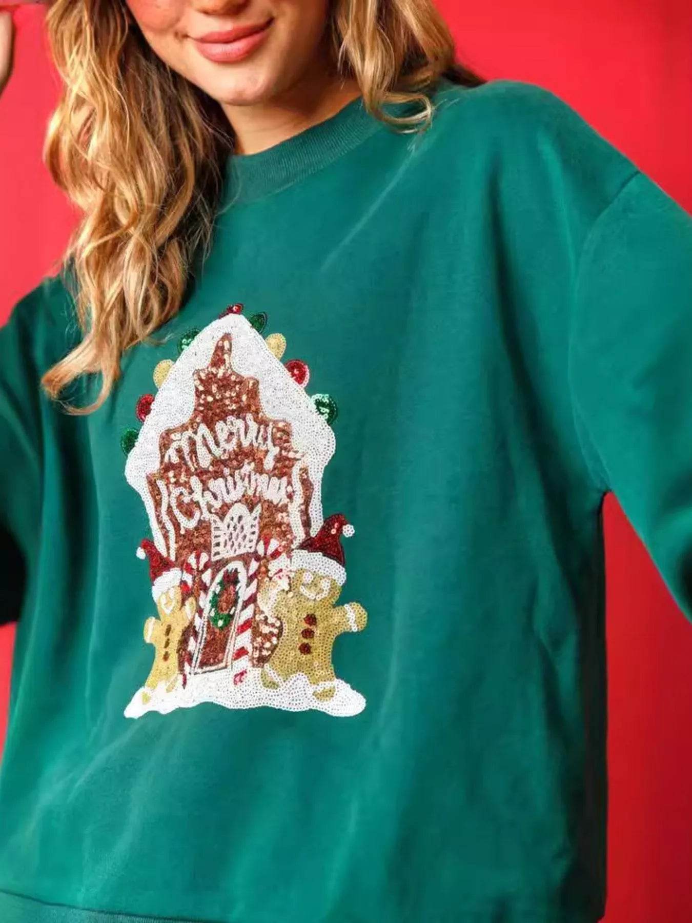 Christmas Sequin Round Neck Sweatshirt - ELY VESSA LLC