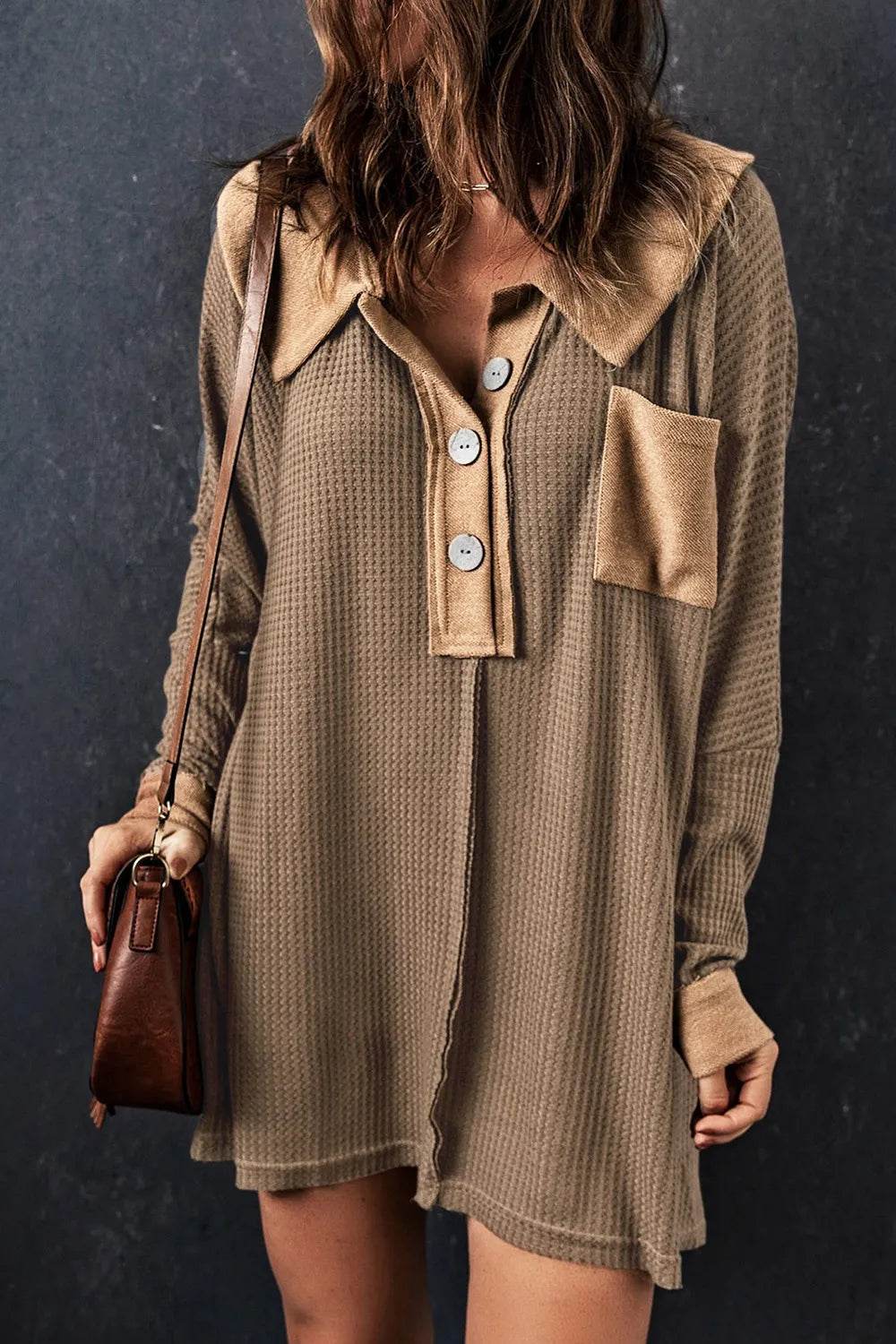 Waffle Knit Button Front Dress - ELY VESSA LLC