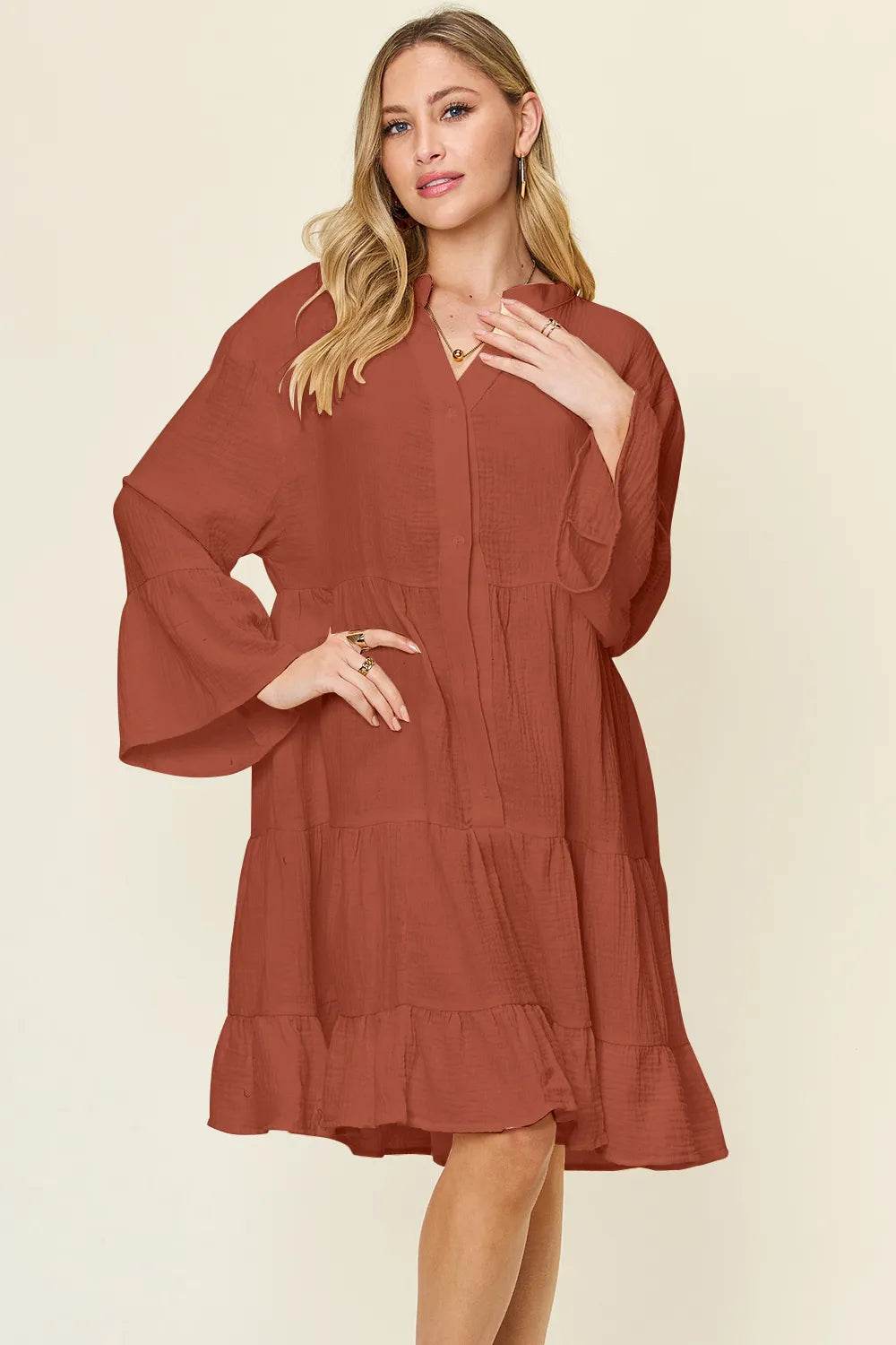 Double Take Full Size Texture Button Up Ruffle Hem Dress - ELY VESSA LLC