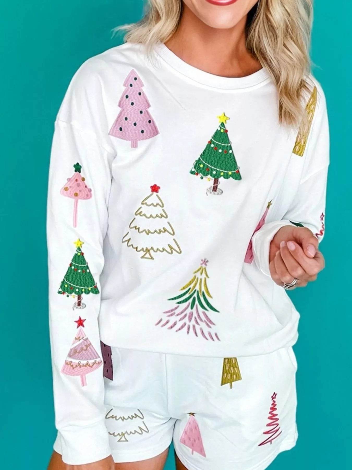 Christmas Tree Round Neck Top and Shorts Set - ELY VESSA LLC