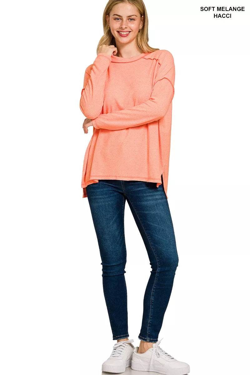 Zenana Full Size Melange Hacci Exposed Seam Hi-low Tee Plus Size - ELY VESSA LLC
