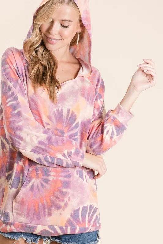 BiBi Circular Tie Dye Print Terry Hoodie with Kangaroo - ELY VESSA LLC