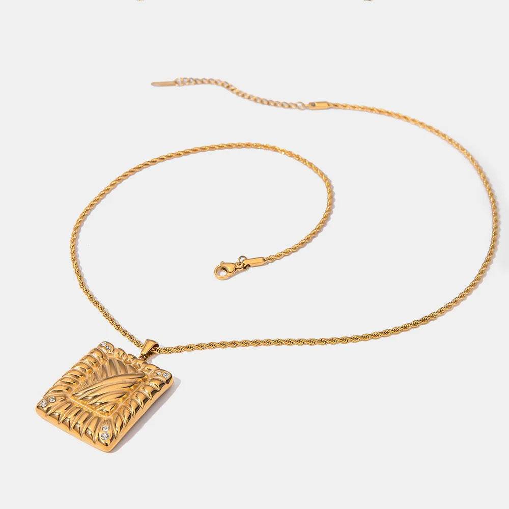 Stainless Steel Inlaid Rhinestone Rectangle Shape Pendant Necklace - ELY VESSA LLC