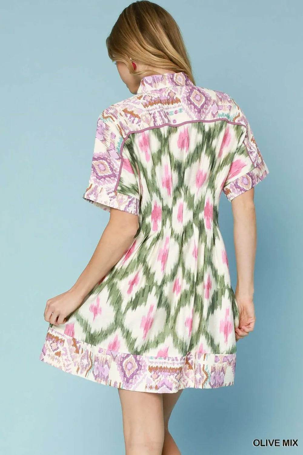 Umgee Ethnic Print Short Sleeve Mini Shirt Dress - ELY VESSA LLC