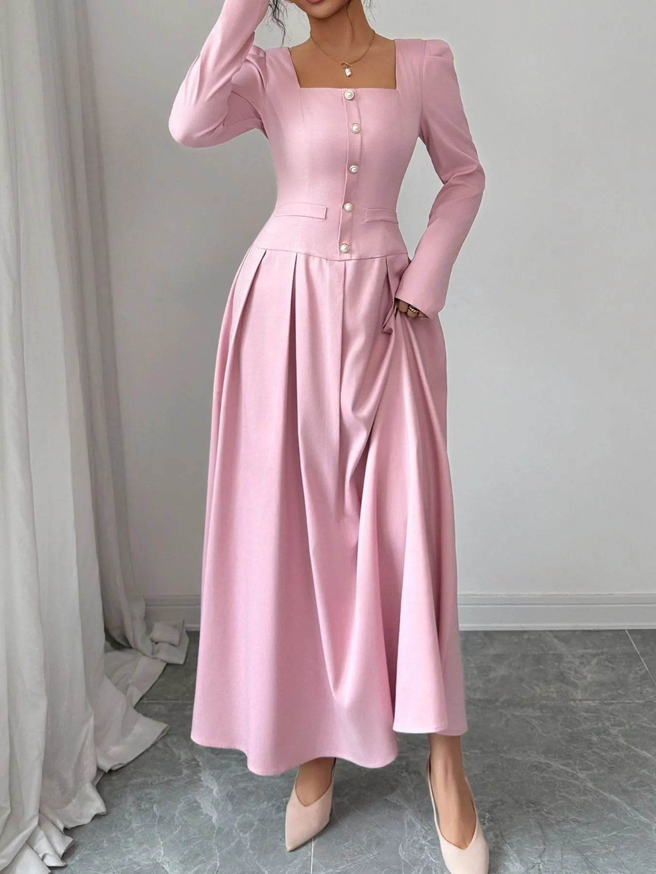 Square Neck Long Sleeve Maxi Dress - ELY VESSA LLC