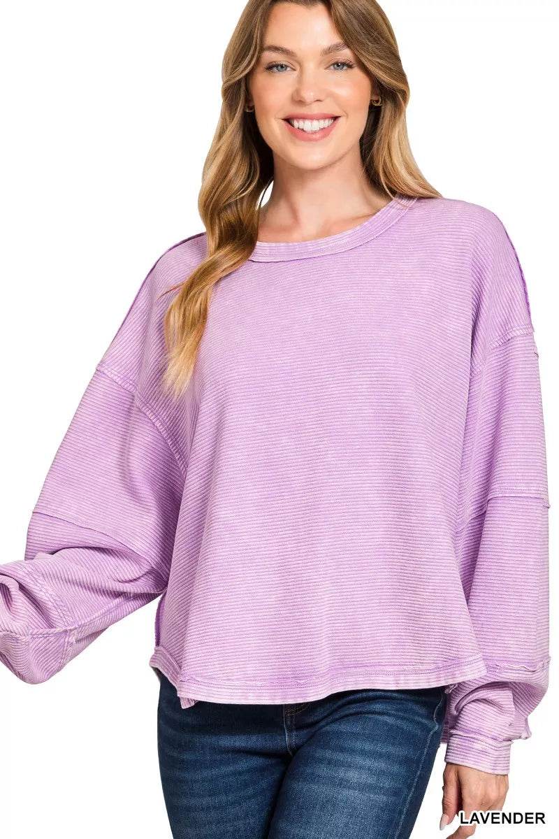 Zenana Acid Washed Exposed-Seam Sweatshirt - ELY VESSA LLC