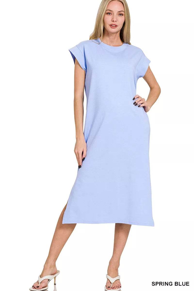 Zenana Round Neck Side Slit Midi Dress - ELY VESSA LLC