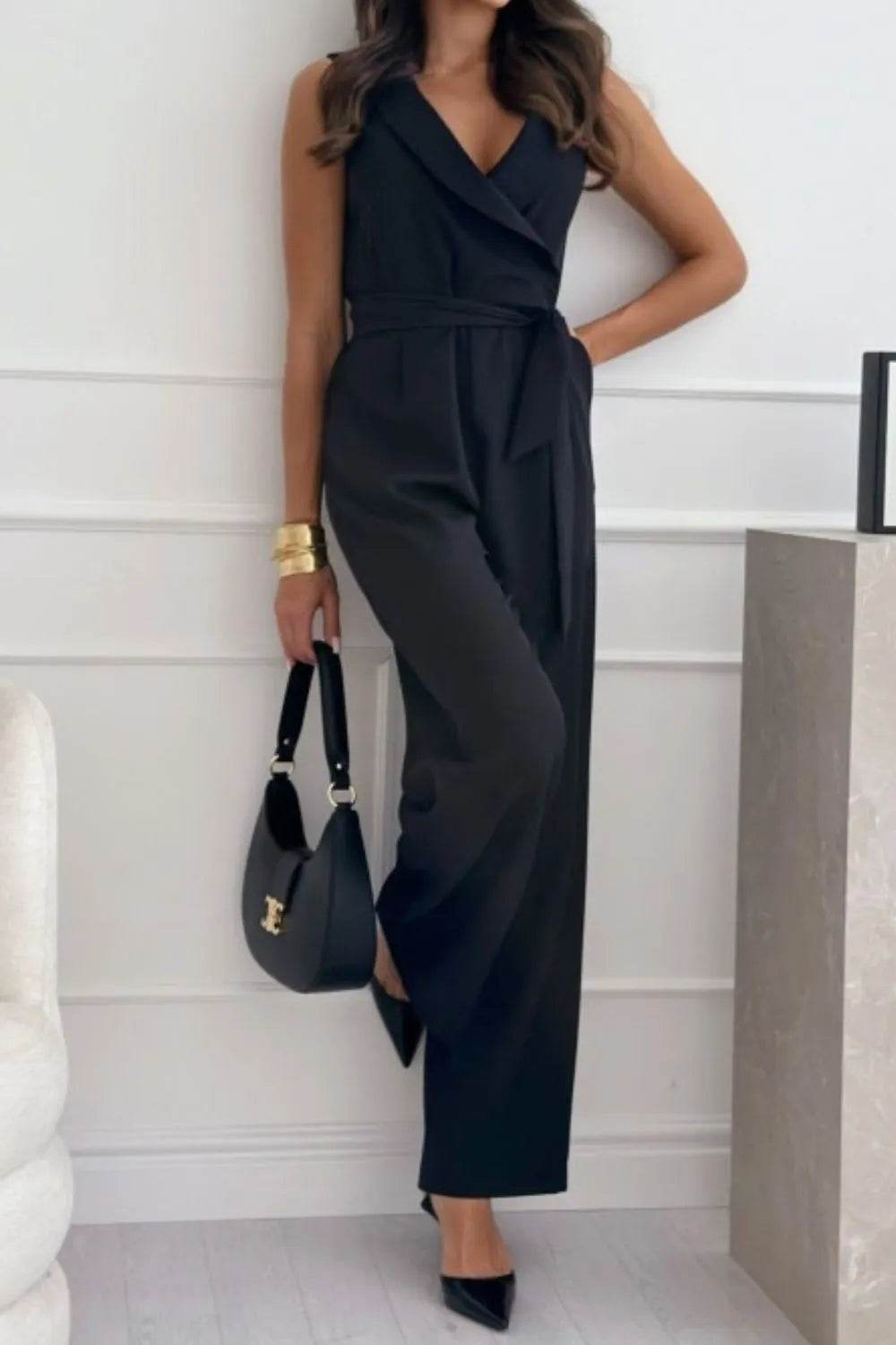 Surplice Sleeveless Wide Leg Jumpsuit - ELY VESSA LLC