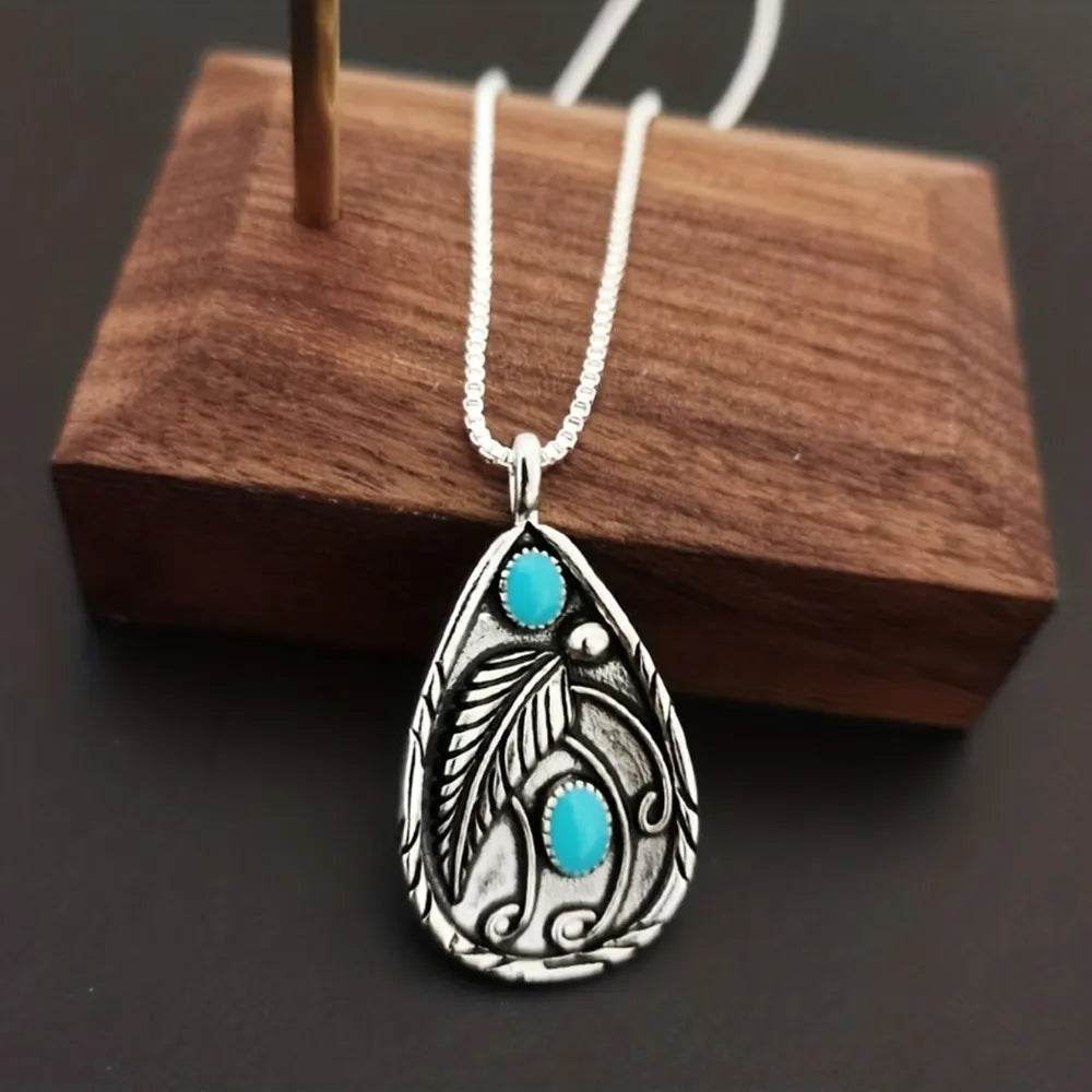 Alloy Artificial Turquoise Teardrop Pendant Necklace - ELY VESSA LLC
