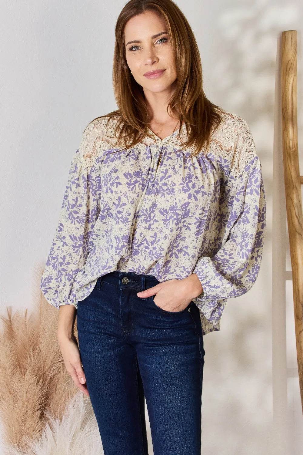 Hailey & Co Full Size Lace Detail Printed Blouse - ELY VESSA LLC