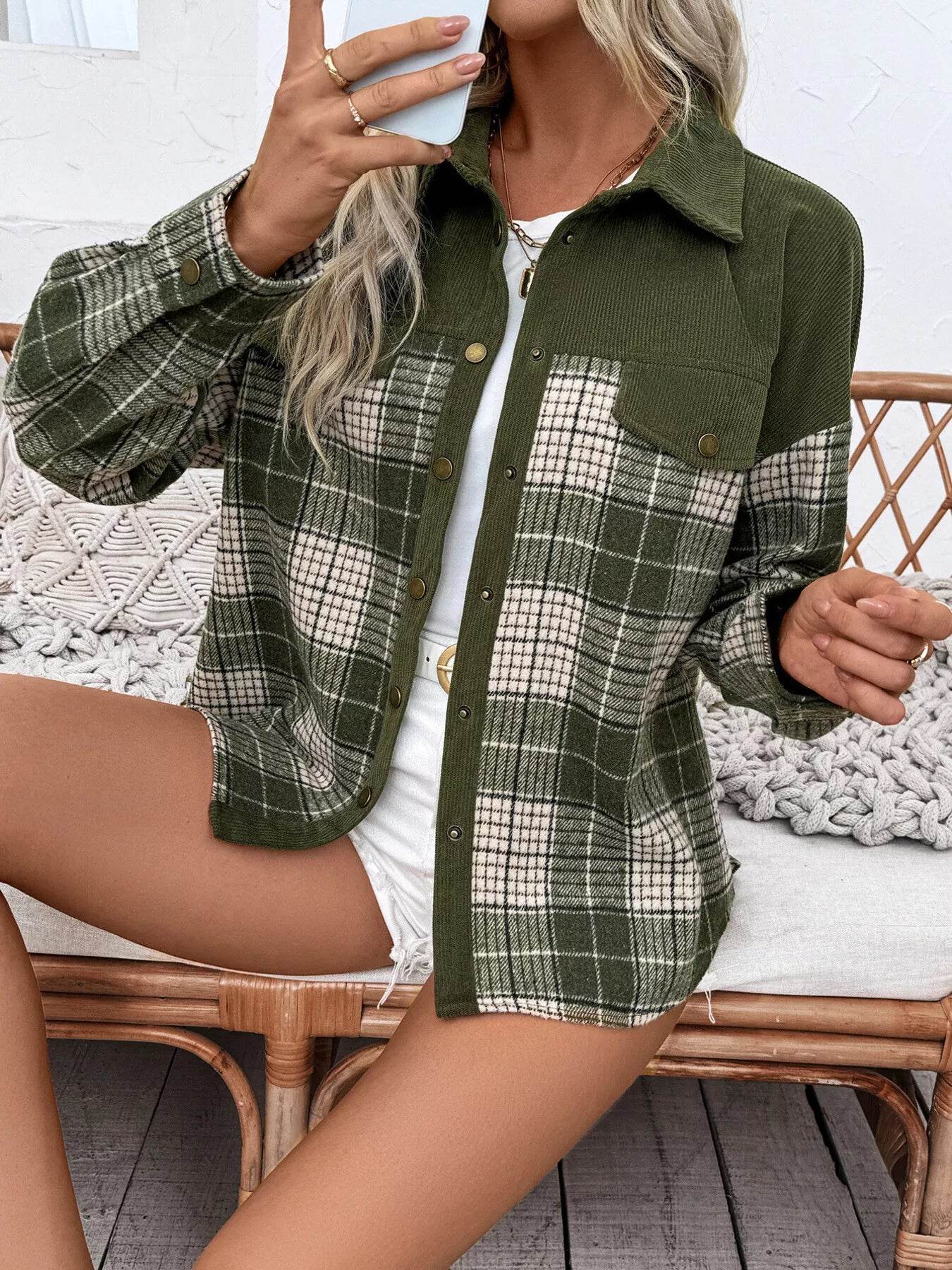 Plaid Button Up Long Sleeve Shacket - ELY VESSA LLC