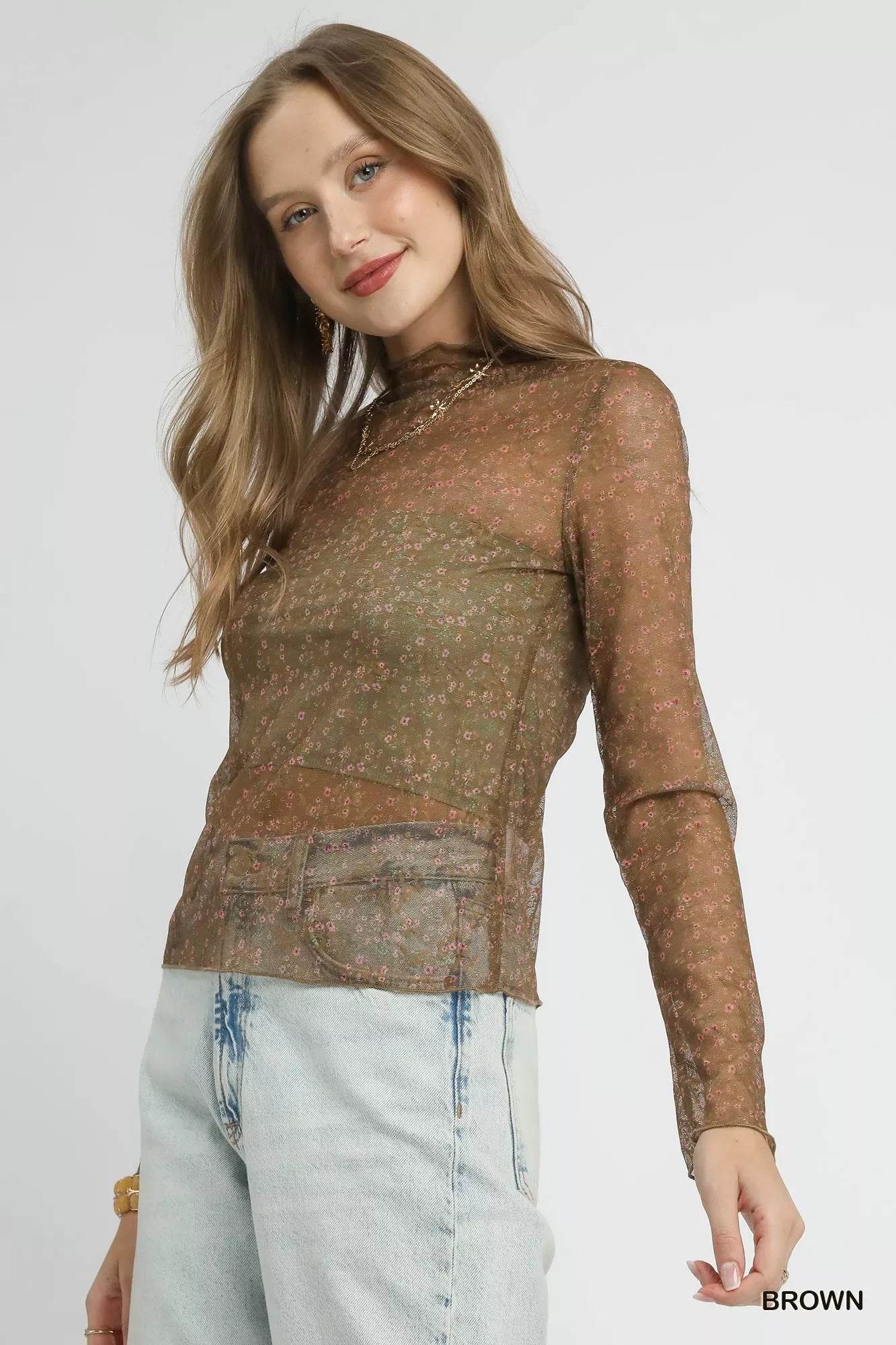 Umgee Nylon Lace Mesh Long Sleeve Top - ELY VESSA LLC