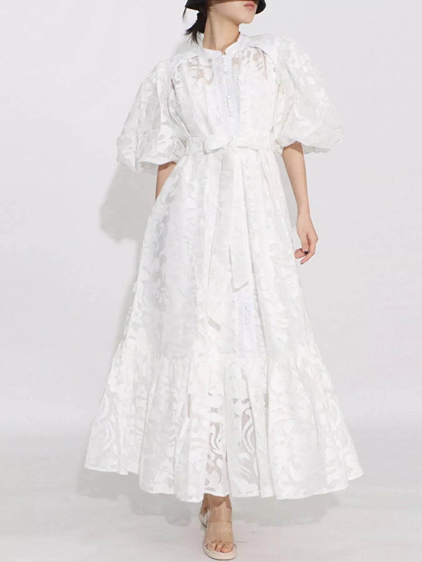 Lace Puff Sleeve Tie Waist Maxi Dress - ELY VESSA LLC