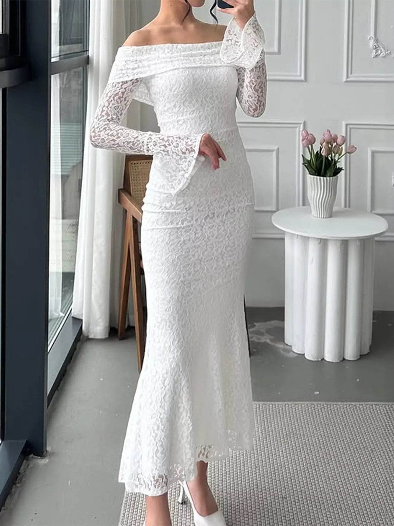 Off-Shoulder Lace Bodycon Maxi Dress - ELY VESSA LLC