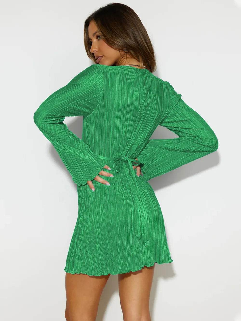 Tied Plunge Flare Sleeve Mini Dress - ELY VESSA LLC