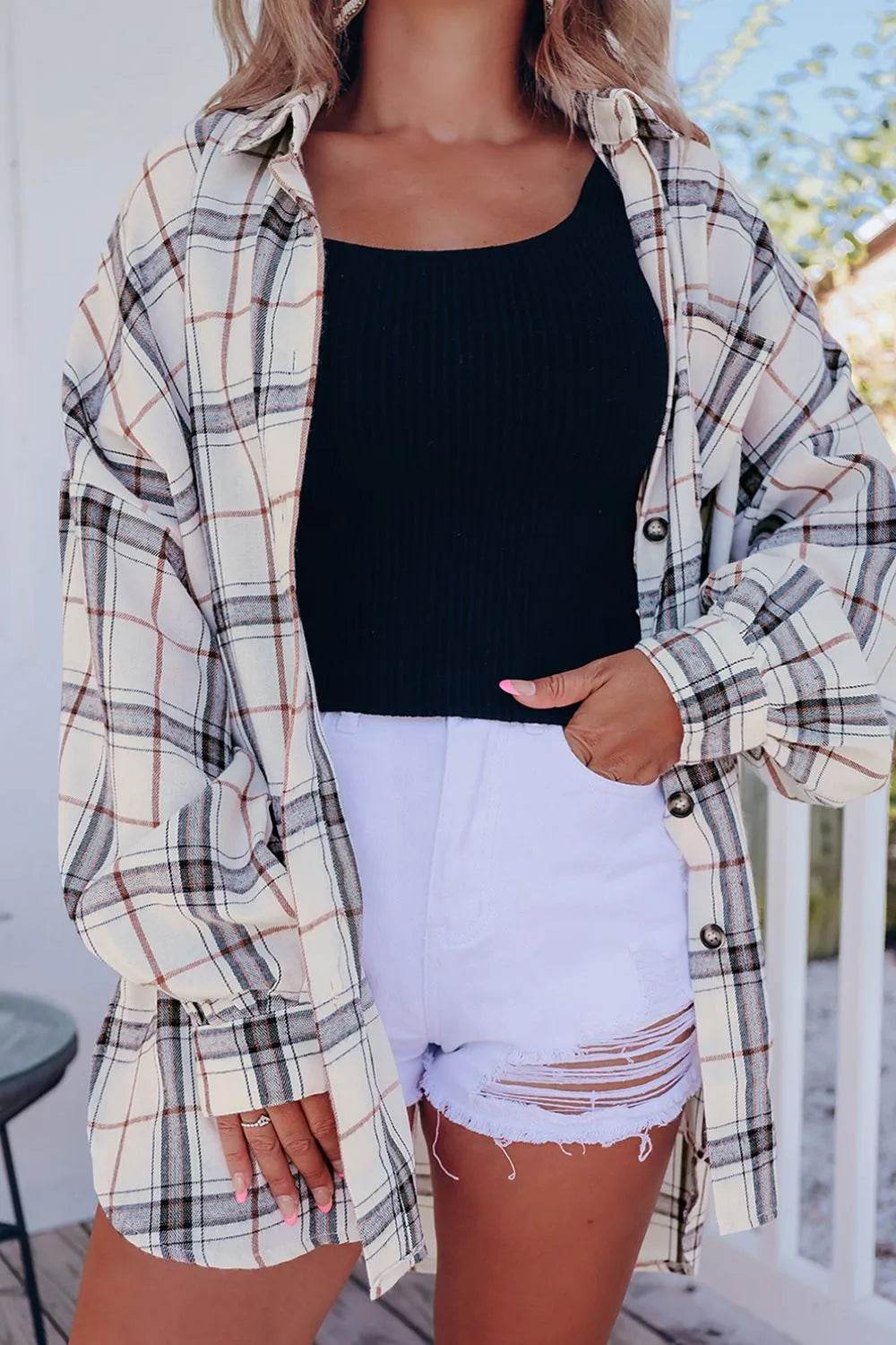 Plaid Button Up Long Sleeve Shacket - ELY VESSA LLC