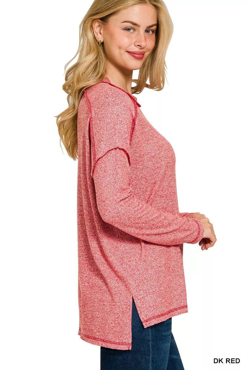 Zenana Full Size Melange Hacci Exposed Seam Hi-low Tee Plus Size - ELY VESSA LLC
