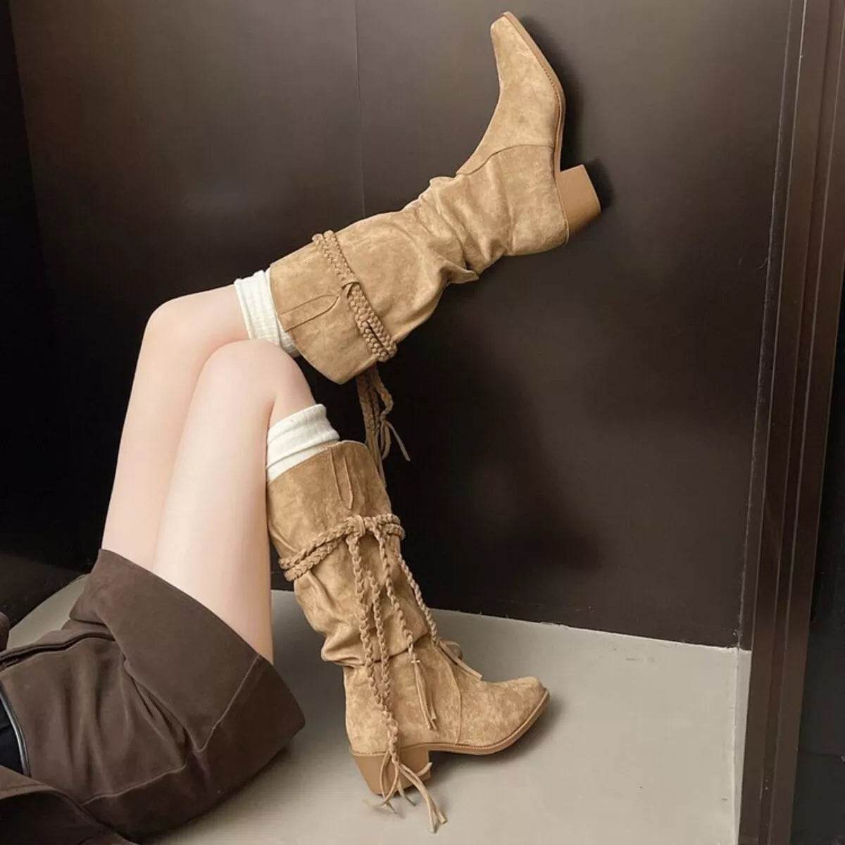 Point Toe Block Heels Boots - ELY VESSA LLC