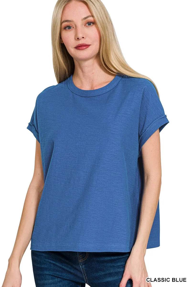 Zenana Cotton Slub Round Neck Short Sleeve T-Shirt - ELY VESSA LLC