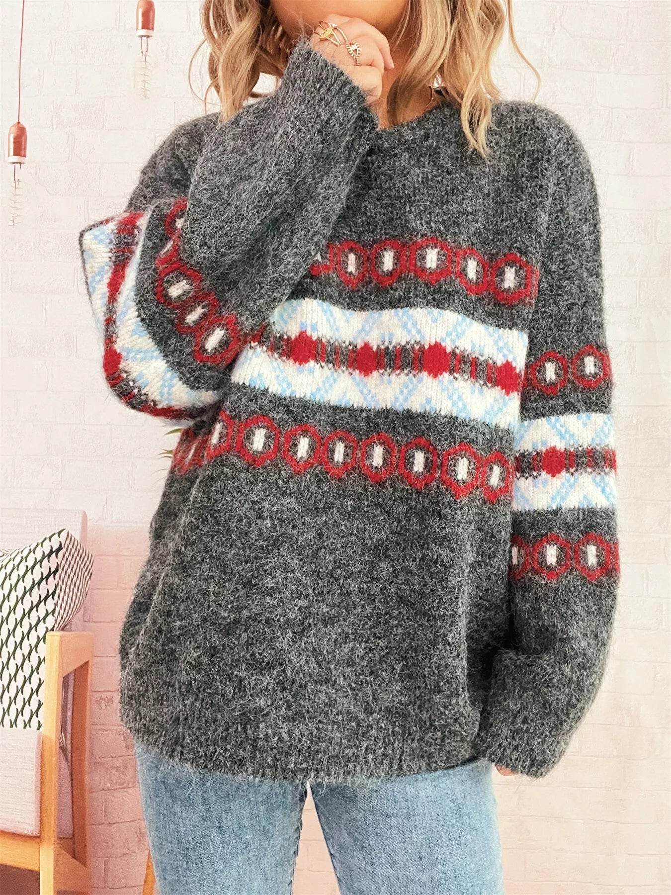 Contrast Round Neck Drop Shoulder Sweater - ELY VESSA LLC