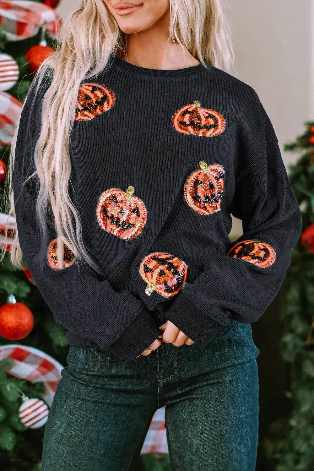 Sequin Patch Pumpkin Round Neck Sweatshirt - ELY VESSA LLC