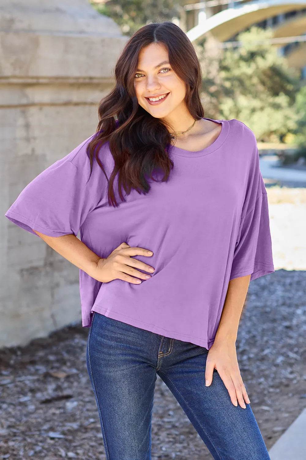 Basic Bae Bamboo Full Size Round Neck Drop Shoulder T-Shirt - ELY VESSA LLC