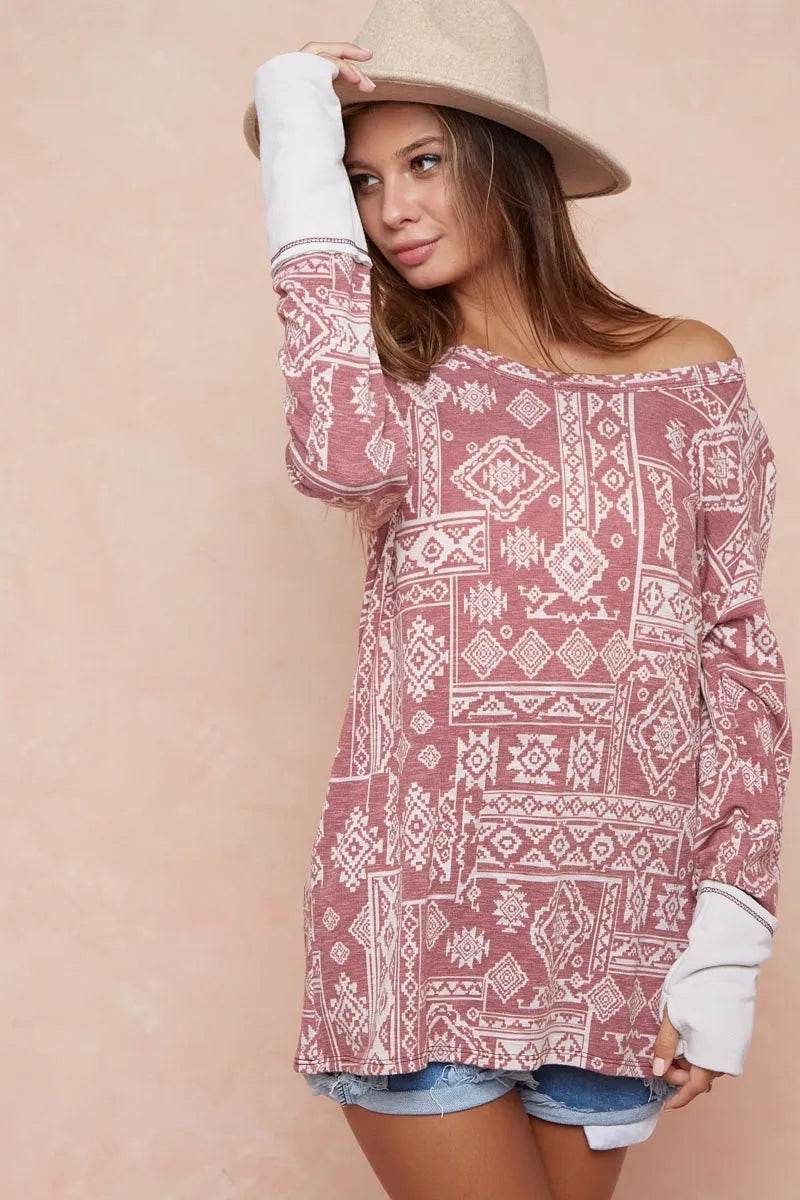 BiBi Aztec Print French Terry Top with Thumb Opening - ELY VESSA LLC