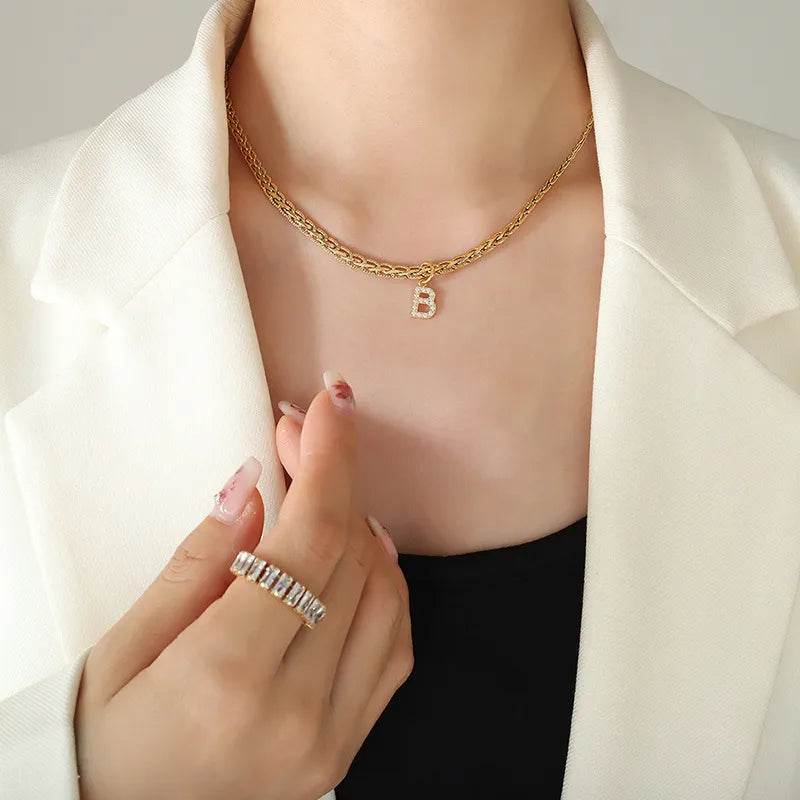 Brass Inlaid Zircon Letter Pendant Necklace - ELY VESSA LLC