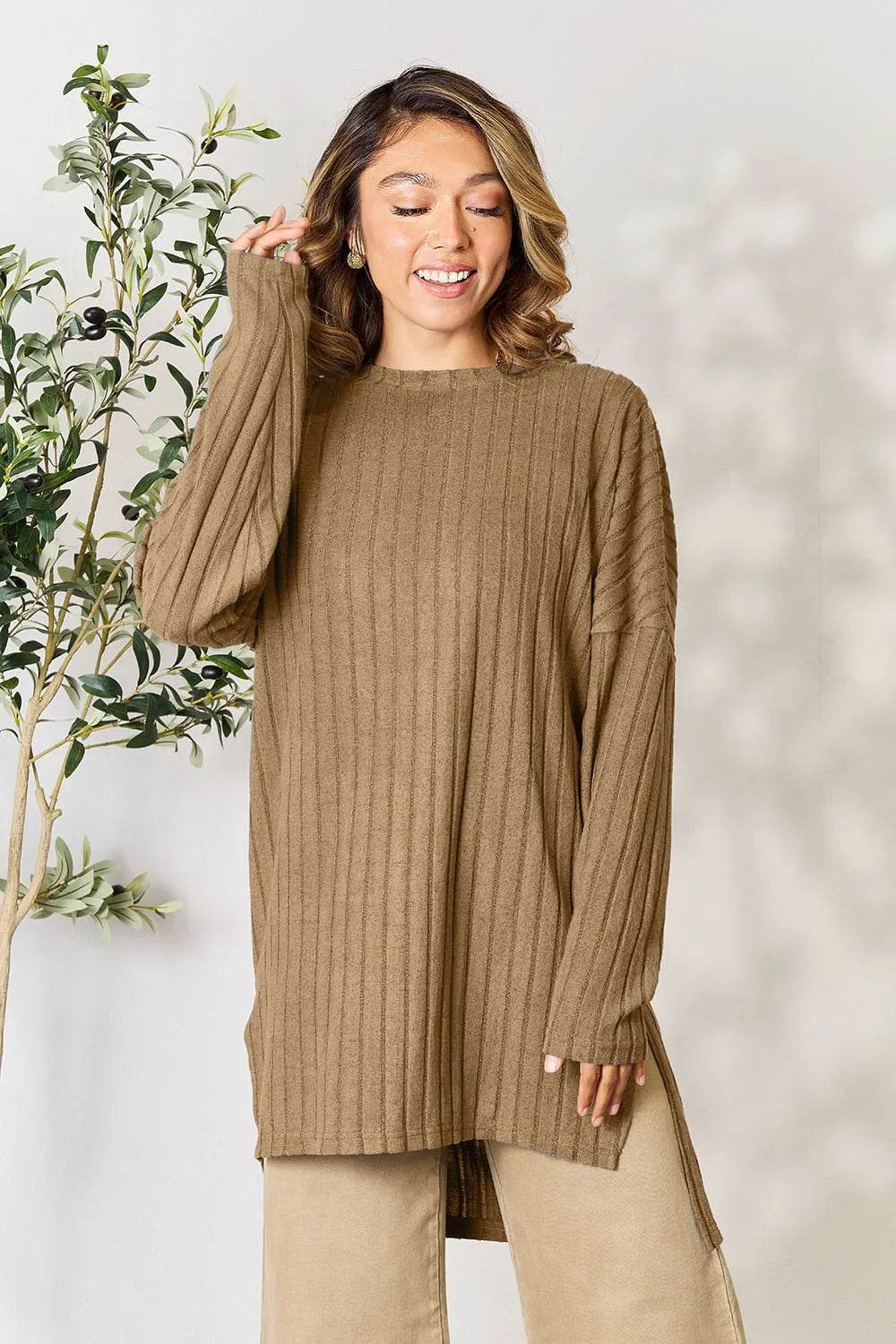 Basic Bae Full Size Ribbed Round Neck Long Sleeve Slit Top - ELY VESSA LLC