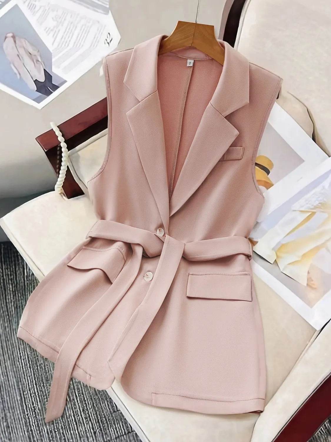 Tie Waist Lapel Collar Sleeveless Blazer - ELY VESSA LLC