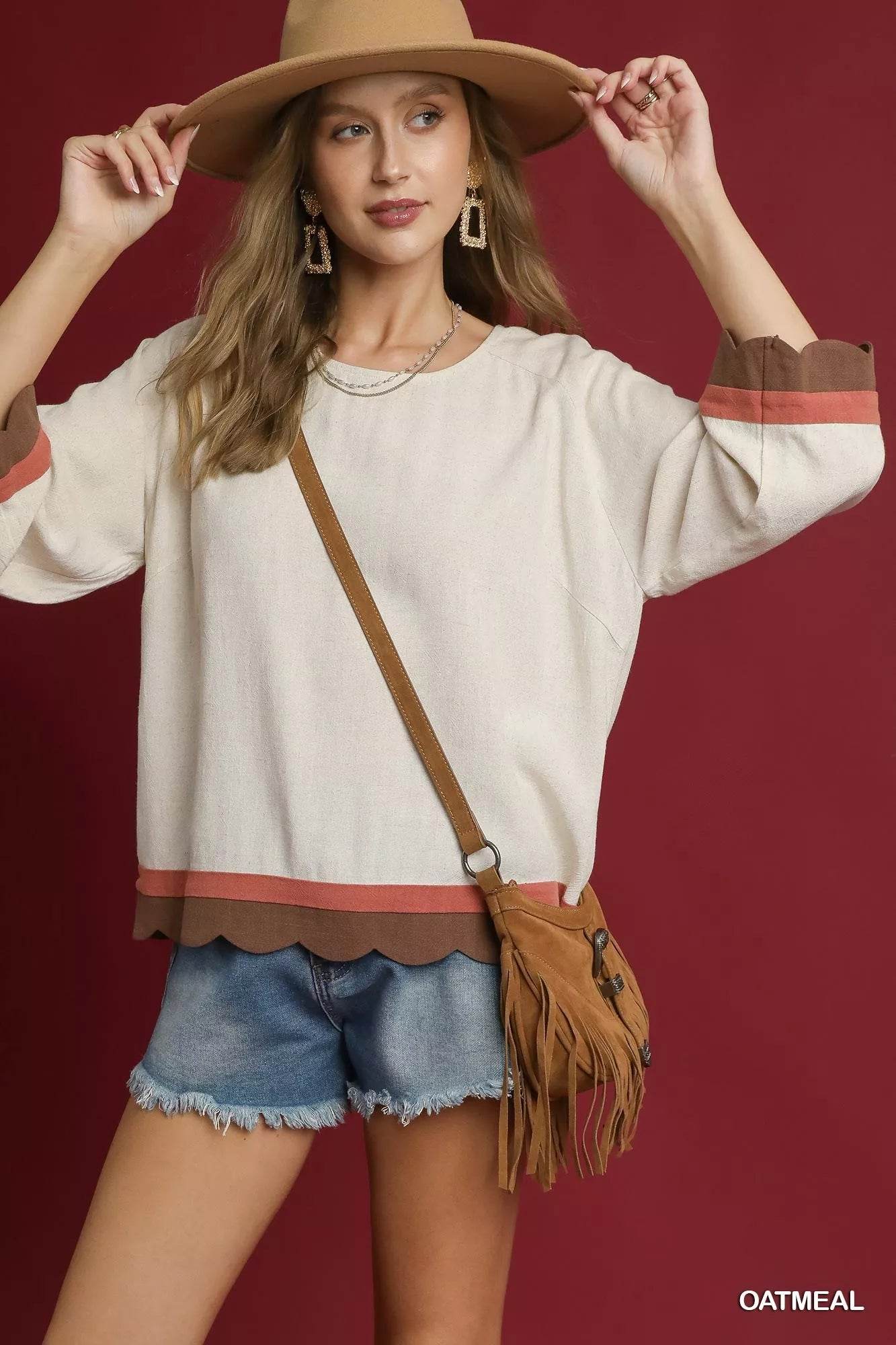 Umgee Scalloped Hem Color Block Top - ELY VESSA LLC