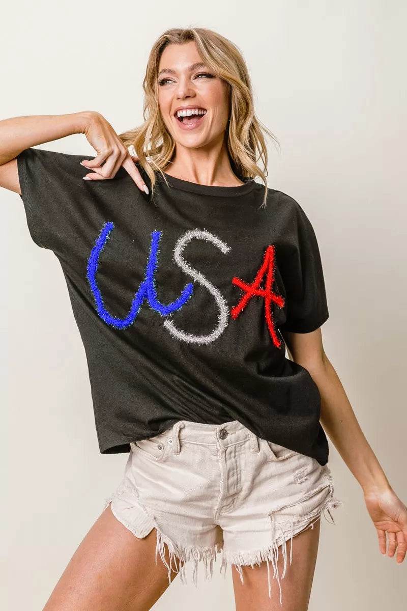 BiBi Metallic Letter Short Dolman Sleeve Top - ELY VESSA LLC