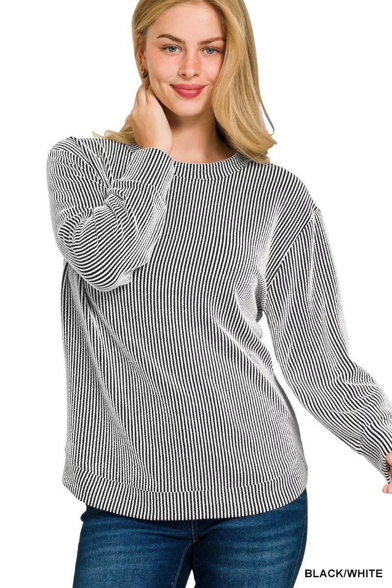 Zenana Full Size Raised Rib Round Neck Long Sleeve Top Plus Size - ELY VESSA LLC