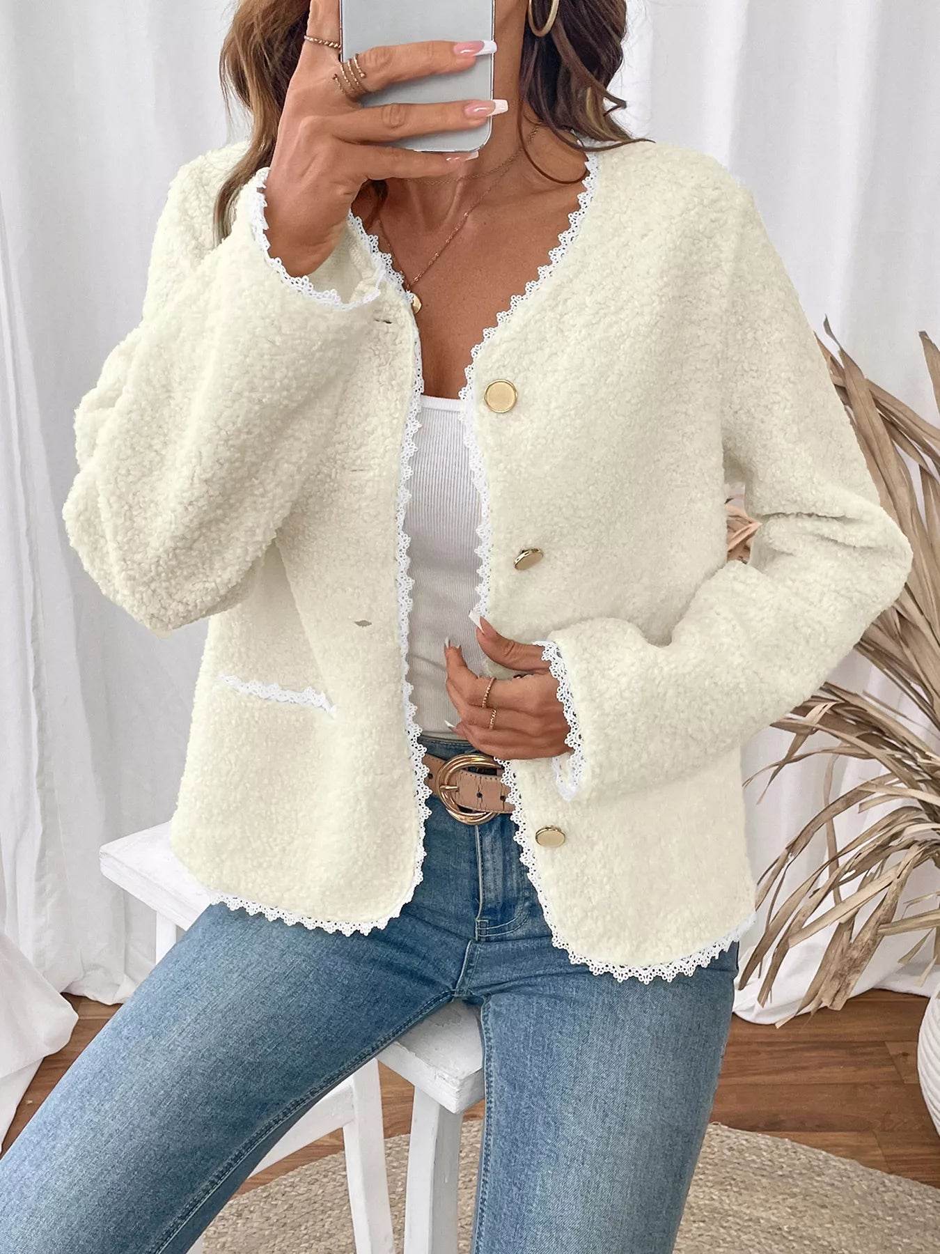 Lace Detail Button Up Long Sleeve Outerwear - ELY VESSA LLC