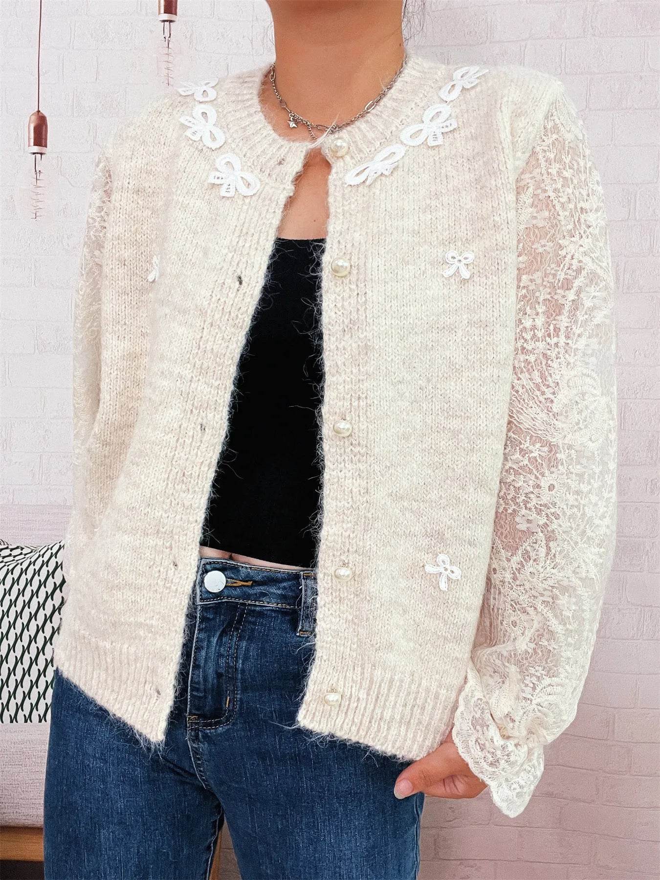 Lace Sleeve Button-Up Cardigan - ELY VESSA LLC