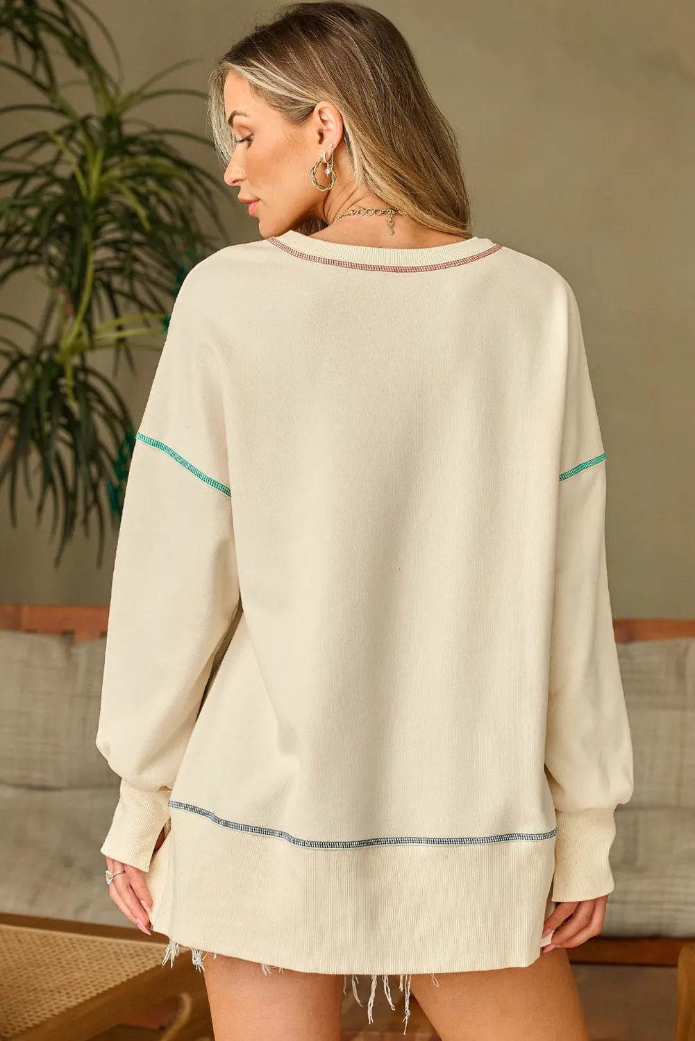 Contrast Stitching Sequin Pumpkin Round Neck Long Sleeve Sweatshirt - ELY VESSA LLC