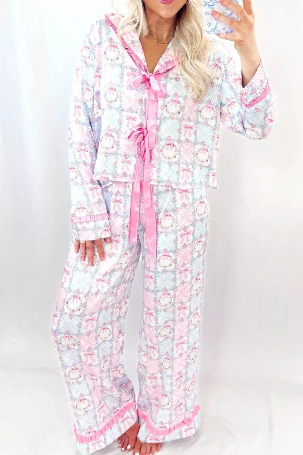 Wreath Pattern Christmas Tied Front Long Sleeve 2pcs Pajama Set - ELY VESSA LLC