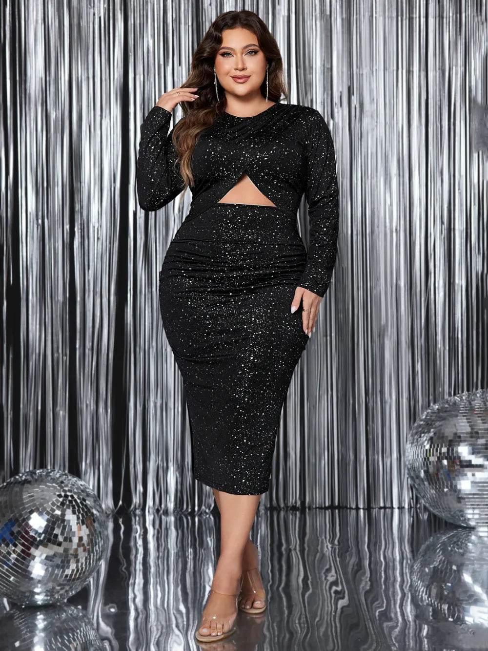 Honey Plus Size Cutout Slit Round Neck Long Sleeve Dress - ELY VESSA LLC
