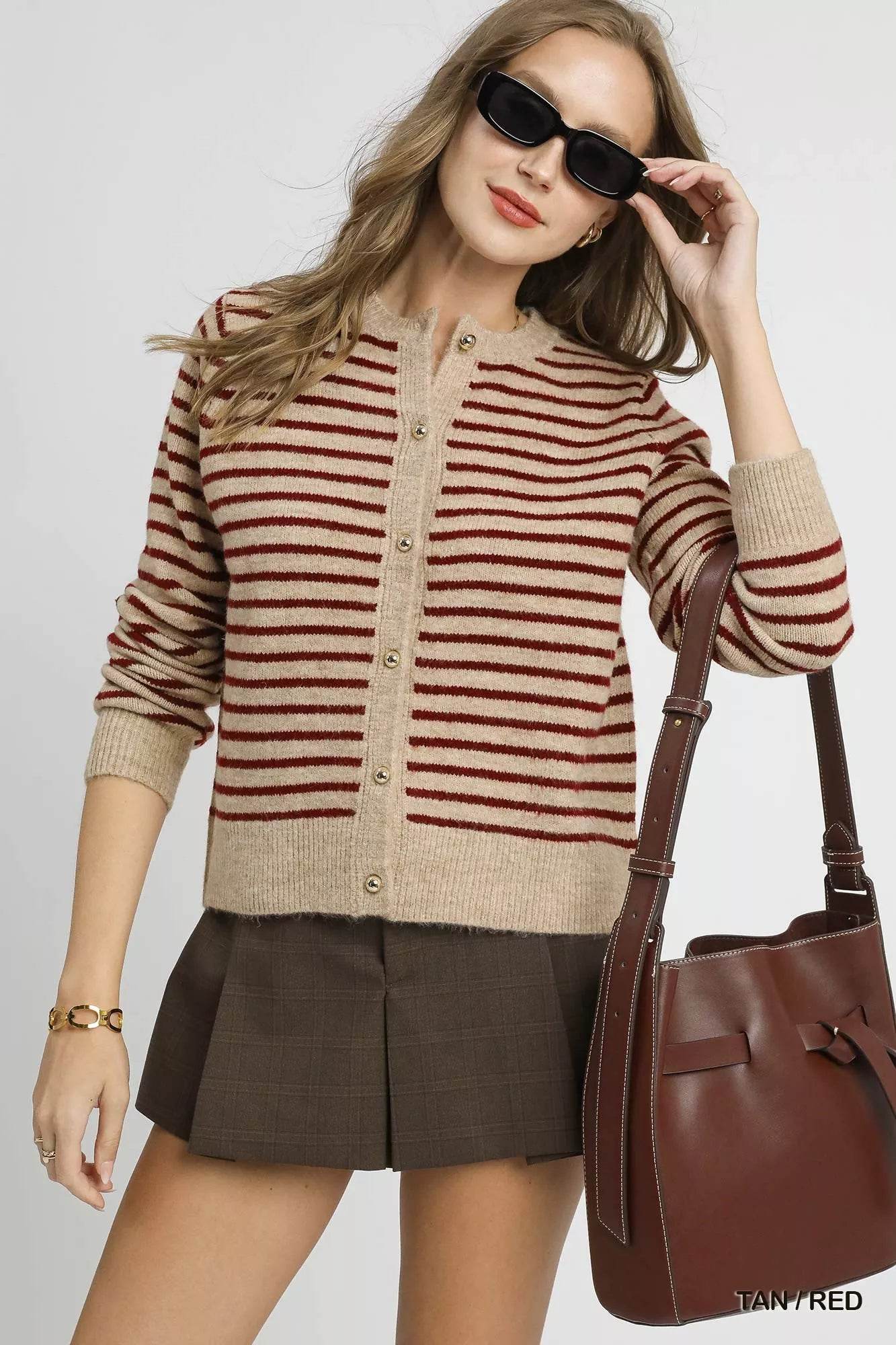 Umgee Striped Button-Up Knit Cardigan - ELY VESSA LLC