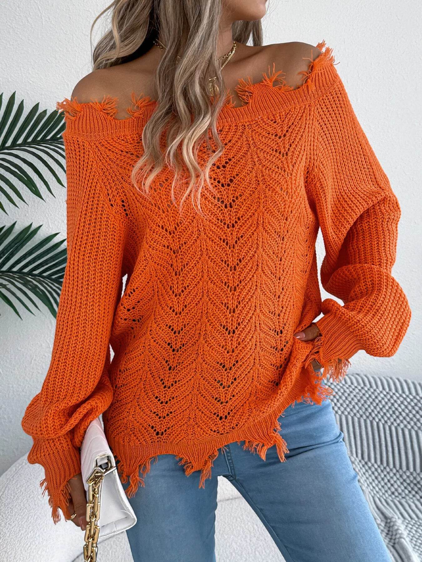 Distressed Hem Openwork Off-Shoulder Sweater - ELY VESSA LLC