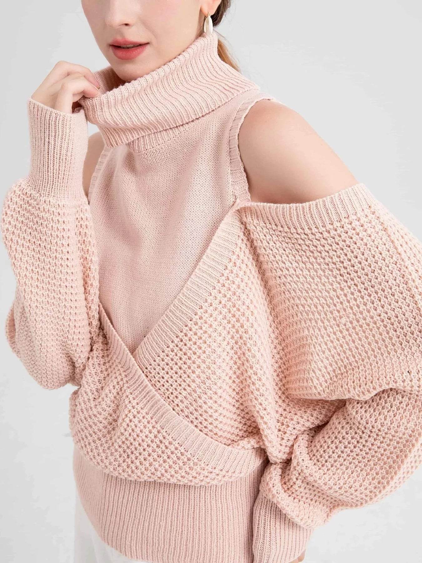 Waffle Knit Cold Shoulder Turtleneck Sweater - ELY VESSA LLC