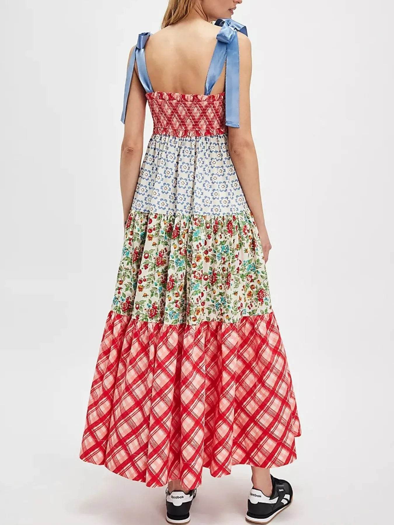 Smocked Tie Shoulder Printed Maxi Dress - ELY VESSA LLC