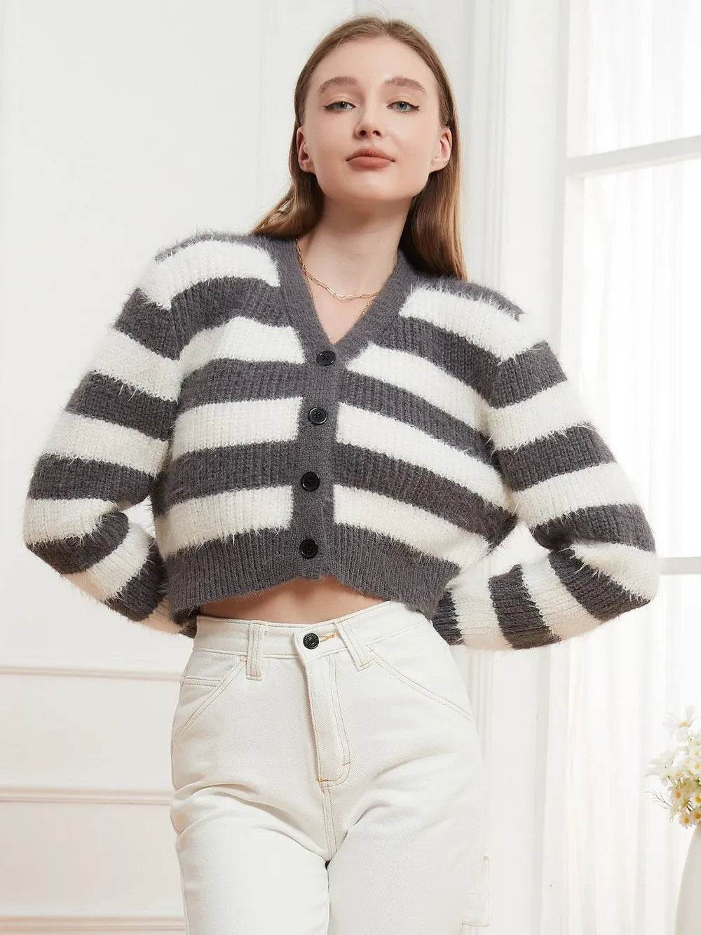Button Down V-Neck Striped Cardigan - ELY VESSA LLC