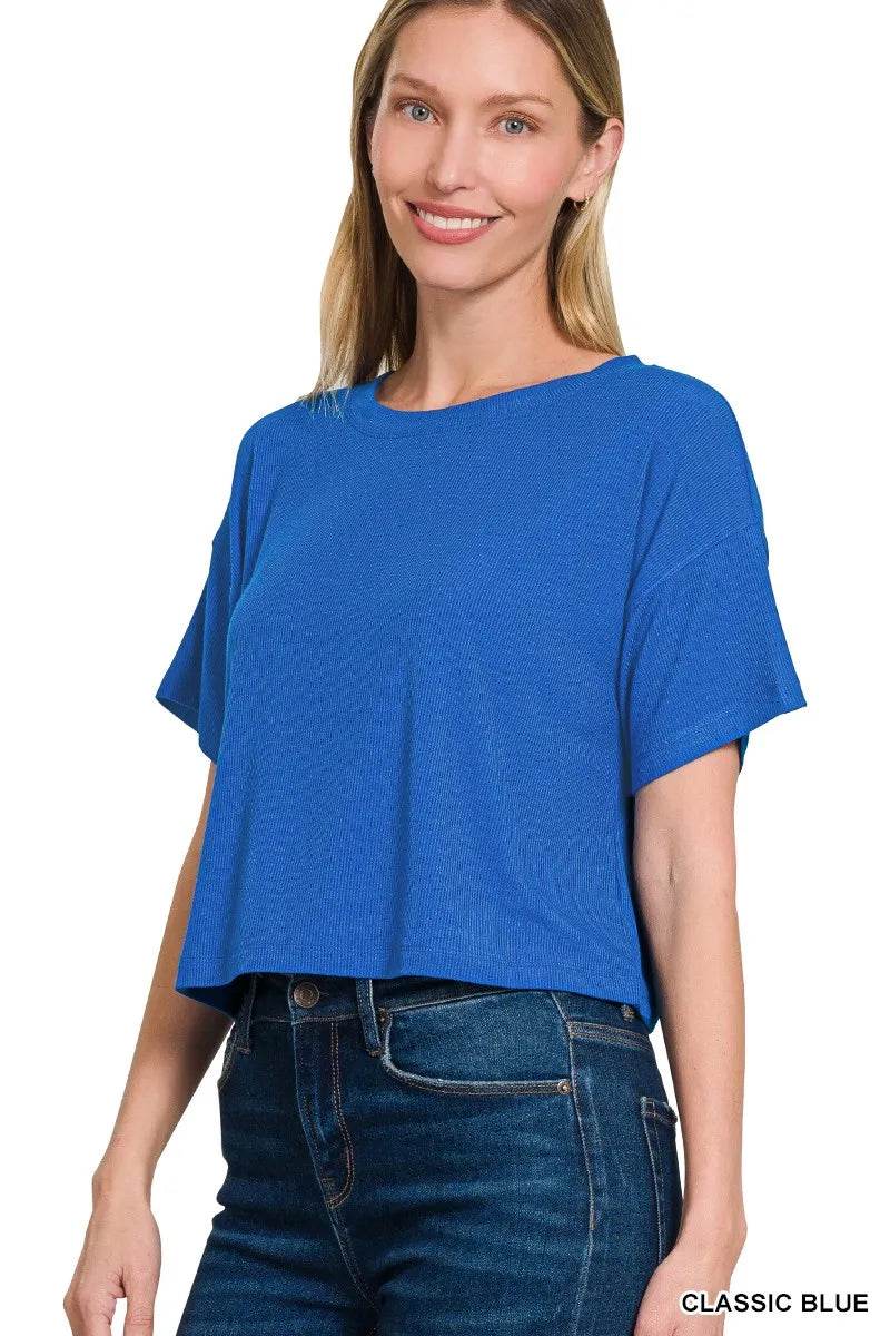Zenana Ribbed Round-Neck Crop T-Shirt - ELY VESSA LLC
