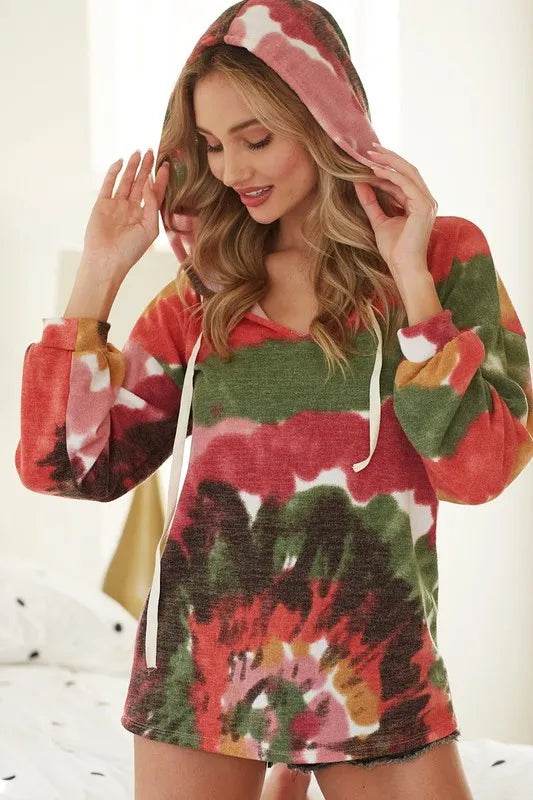 BiBi Tie Dye Knit Hoodie with Twill Tape - ELY VESSA LLC
