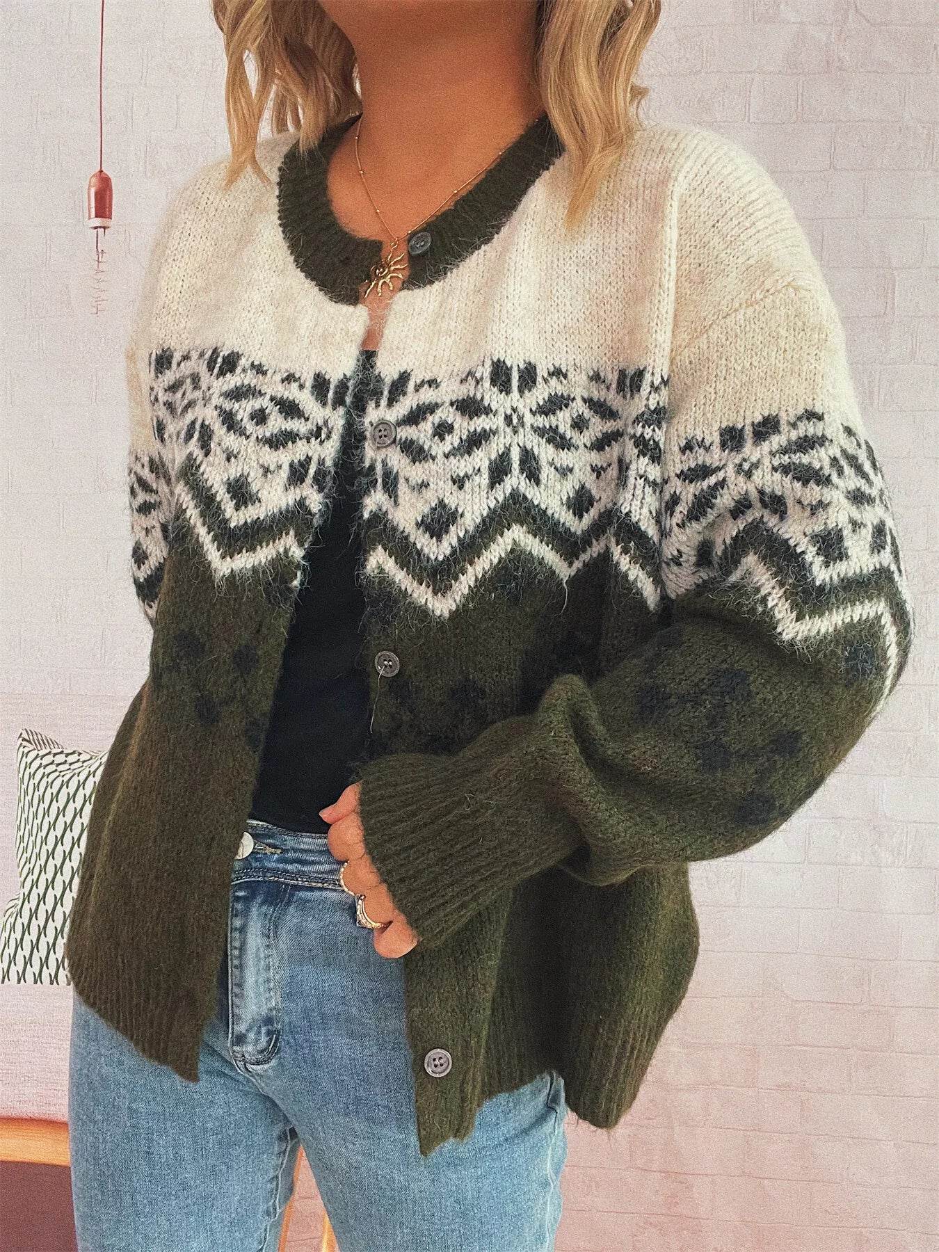 Christmas Button Up Drop Shoulder Cardigan - ELY VESSA LLC