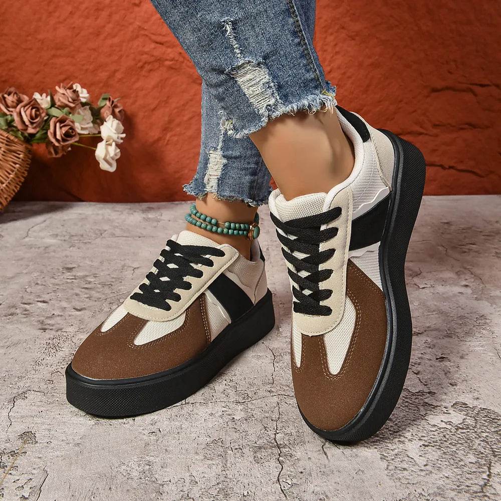 Lace Up Round Toe Contrast Sneakers - ELY VESSA LLC