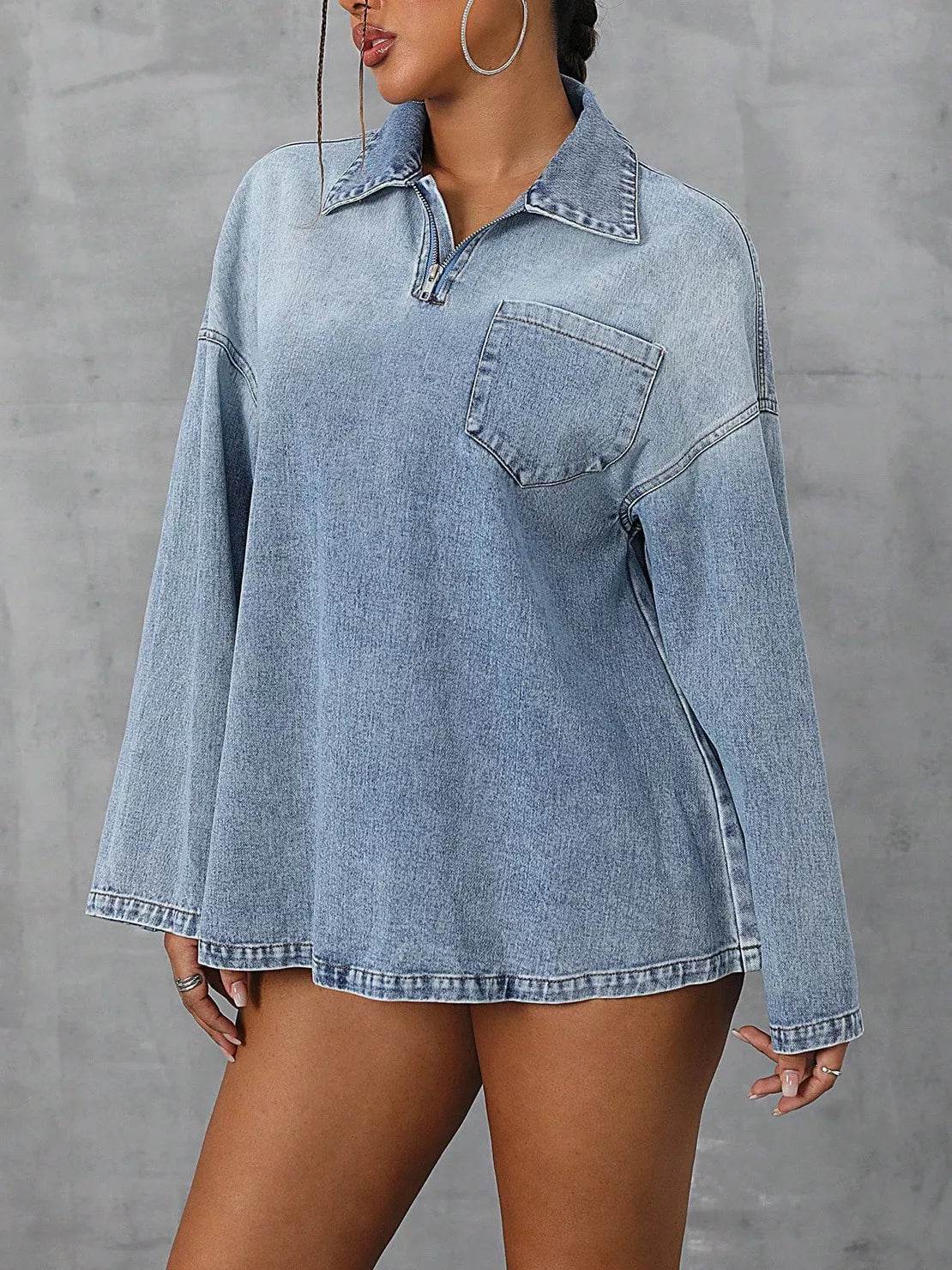 Collared Neck Drop Shoulder Denim Top - ELY VESSA LLC